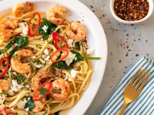 Spice Up Your Dinner with Seared Prawn Pasta featuring Chilli, Feta, and Spinach